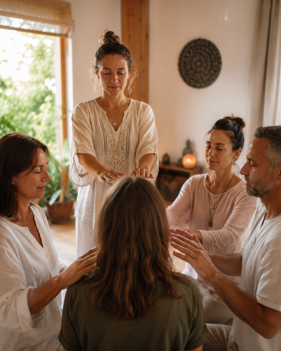 Grupo de personas en un círculo de Reiki como experiencia compartida