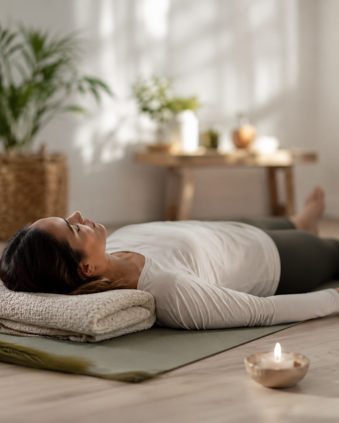 Persona tumbada y relajada en esterilla durante una práctica de Reiki